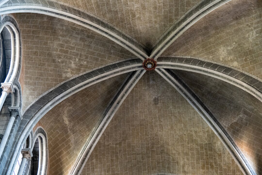 Gothic rib vault ceiling detail inside cathedral, Lausanne
