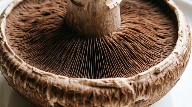 Macro underside of portobello mushroom showing dense brown gills and fibrous stalk texture.
