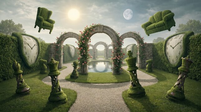 Surreal fantasy garden landscape with mossy topiary furniture chess pieces and big clocks.