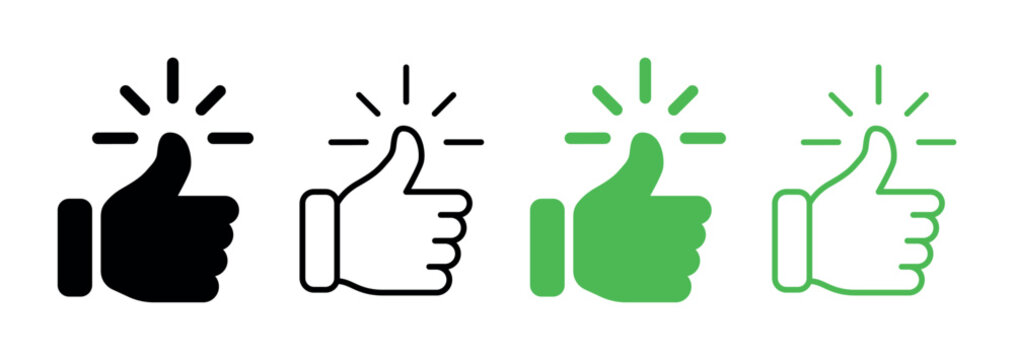 Collection of thumbs up icons in solid outline and green color variations representing like approval feedback and engagement isolated on transparent background for ui ux social media and application