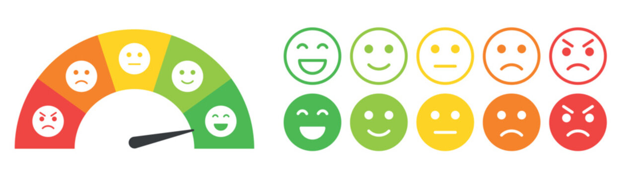 Large satisfaction gauge with emoji faces and separate emotion icons set representing customer experience feedback from happy to angry isolated on transparent background