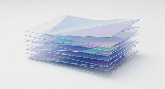 A Stack of Layered Transparent Holographic Polygons Showing Iridescent Colors and Refracted Light