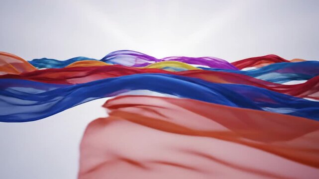 Colorful translucent silk fabric flowing against a bright background