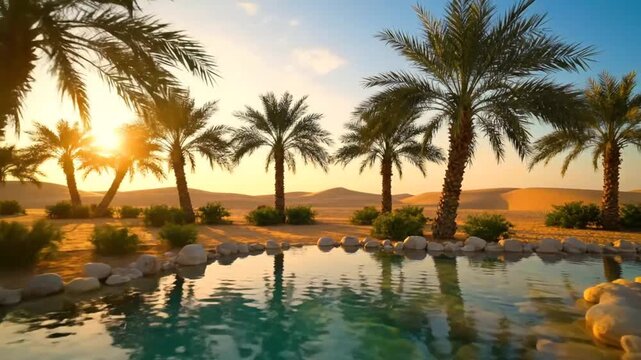 Tranquil oasis scene with palm trees, serene pool reflecting the desert sunset glow, and tranquil ambiance