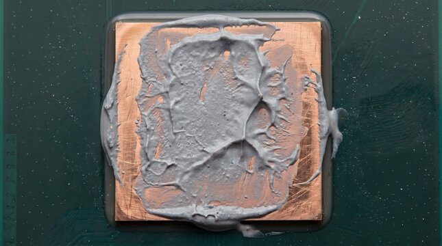 CPU with thermal paste, technology detail  hardware detail, copy space, semiconductor extreme close-up,technology manufacturing
