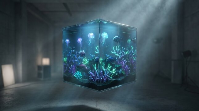 Surreal Bioluminescent Jellyfish and Coral Reef in Floating Glass Cube, Futuristic Ocean Ecosystem in Dark Industrial Room