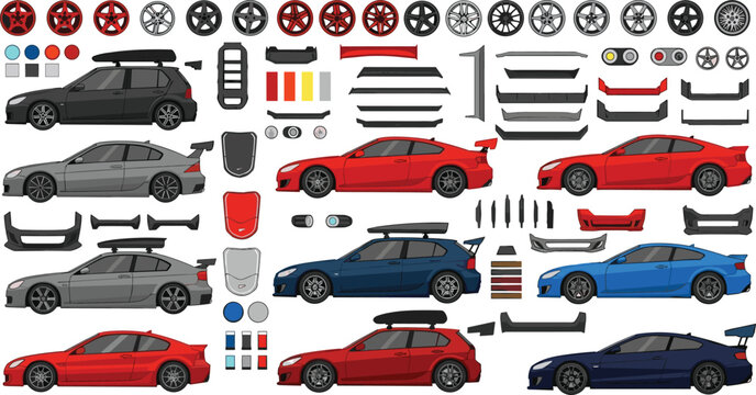 Car Tuning and Customization Vector Set with Sport Cars, Alloy Wheels, Body Kits, Spoilers, and Performance Parts for Automotive Design and Vehicle Modification Graphics