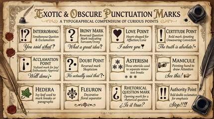 Naklejka premium Exotic and obscure punctuation marks compendium on parchment