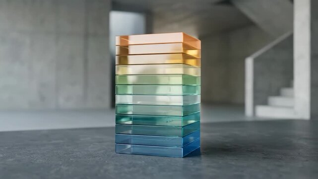 Slow orbiting view of a modern abstract sculpture made of stacked colored glass. The minimalist artwork stands inside a concrete building