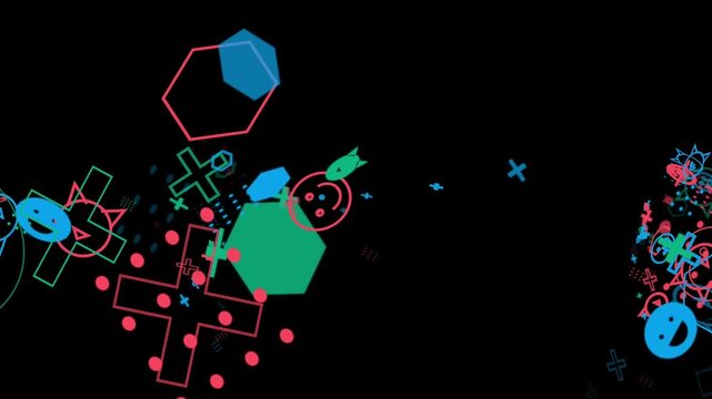 Icons and hexagonal shapes drift through a dark void with neon blue and pink colors that create a playful digital texture suitable for animated social media content or interactive tech user.