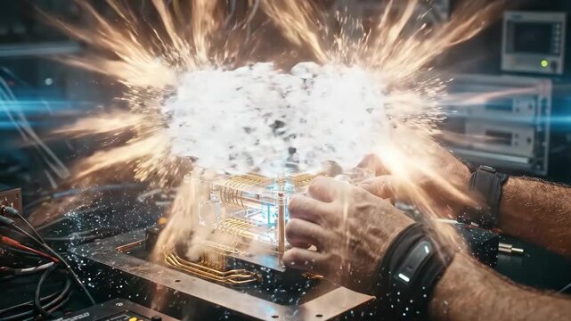 Futuristic scene in a high tech laboratory where an engineer activates an advanced device. A holographic interface appears and transforms