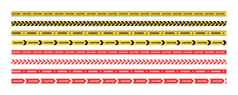 Horizontal caution and warning tapes with arrows and stripes in yellow black and red isolated on transparent background, clean industrial safety borders for hazard communication and design elements