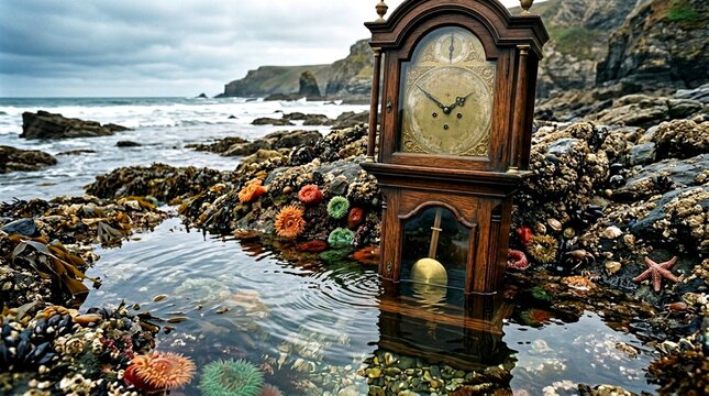 Surreal antique grandfather clock standing in a rocky tide pool on a coastal beach