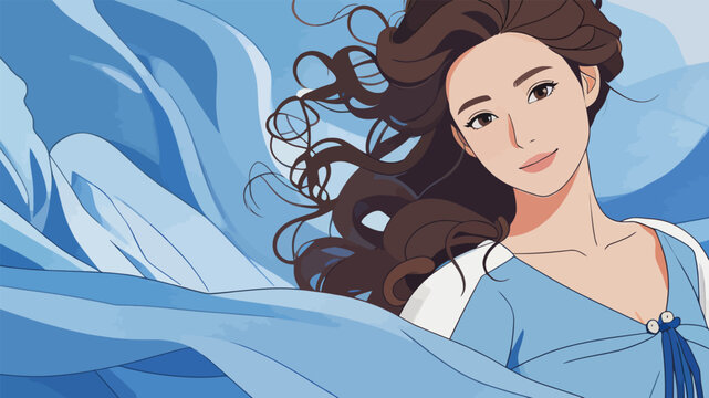 Elegant Female Portrait with Flowing Blue Fabric Background