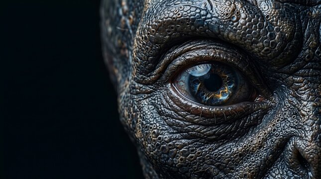 Close-up of a creature's eye with scaly reptilian skin
