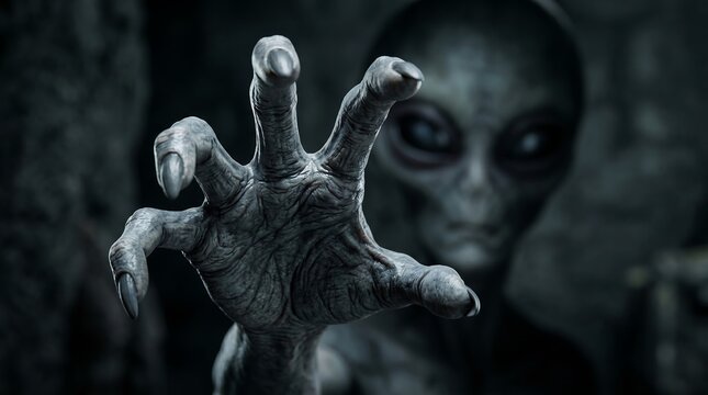Creepy grey alien reaching hand towards camera in dark setting