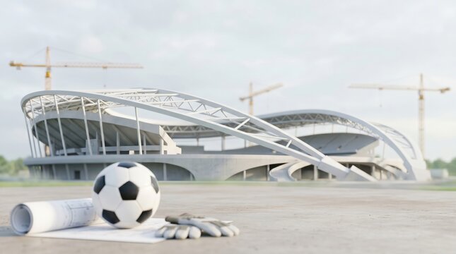 Architectural Planning of Modern Soccer Stadium Construction Project with Sports Equipment