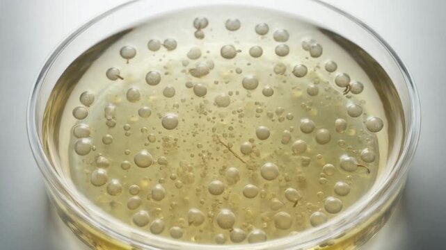 Close-up cinematic footage of stem cells growing and differentiating inside a transparent petri dish