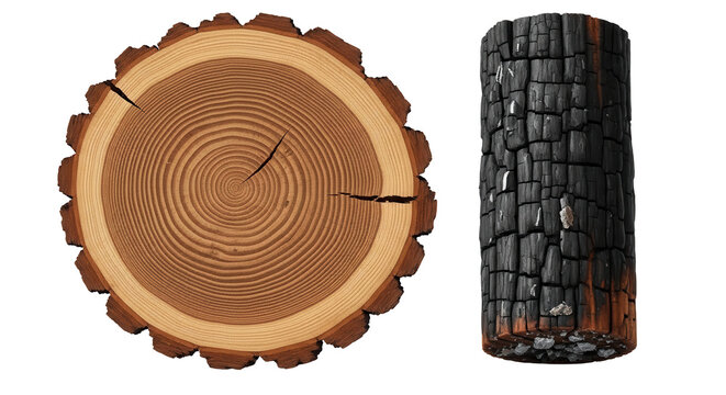 Cut tree trunk cross section and charred black wood log on a transparent background