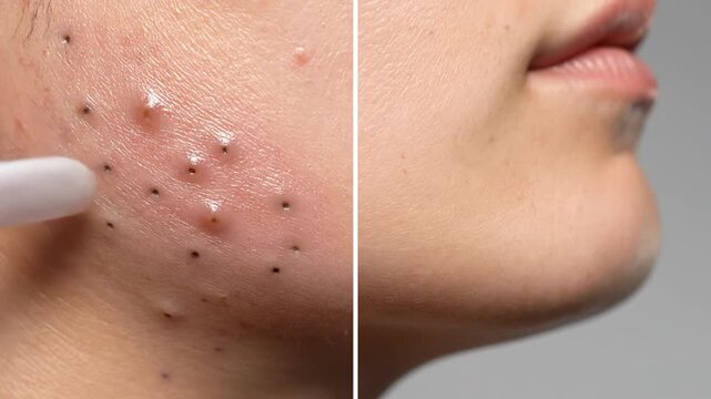 Before And After Close-Up of Acne Affected Skin Transitioning to Clear Facial Texture Ideal for Dermatology and Skincare Commercial Uses