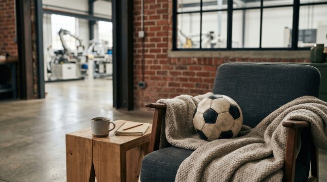 Soccer ball on armchair in industrial loft workspace with coffee and notebook