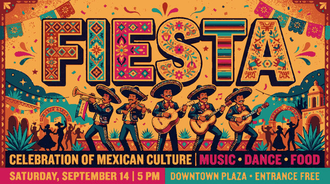 Vibrant fiesta poster with dancers colorful patterns and festive typography for mexican cultural celebration