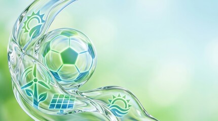 Naklejka premium Sustainable Soccer Concept with Eco Friendly Energy Icons and Water Splash Background