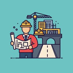 Fototapeta premium Man wearing hard hat and blueprints.