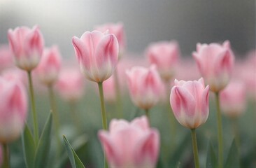 Obraz premium Pink tulips bloom softly in a misty field delicate petals catching