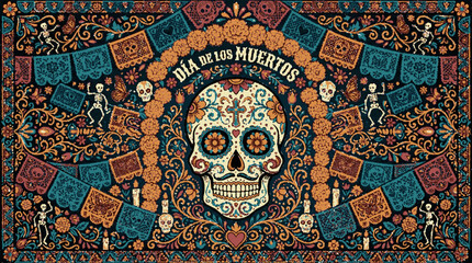 Obraz premium Vibrant dia de los muertos illustration featuring intricate skull marigolds and festive decorations in bold colors