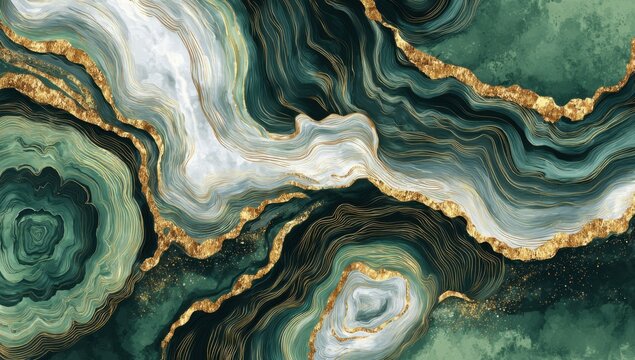 Abstract Green Agate Geode Slice with Gold Veins.