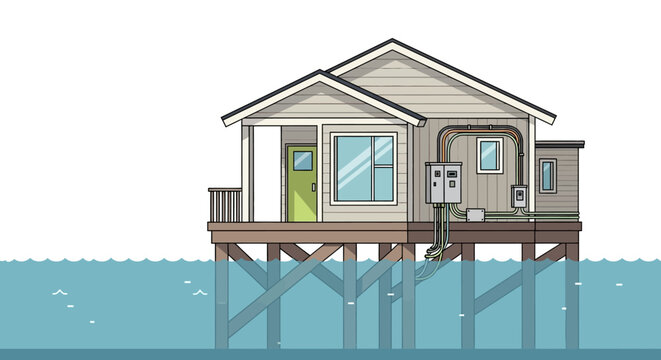 Modern House on Stilts over Water with External Electrical Conduits and Wiring Illustration, Sustainable Coastal Living Concept