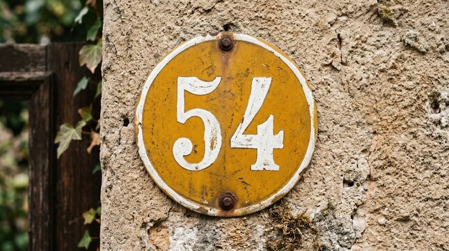 Old Round Yellow Number Fifty Four House Address Plaque on Stone Wall