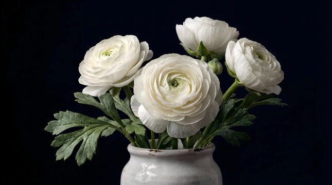 White ranunculus flowers with water droplets in a ceramic vase
