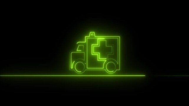 Neon glowing pink ambulance icon animation.medical cross icon on black background. First aid medical symbol.4k