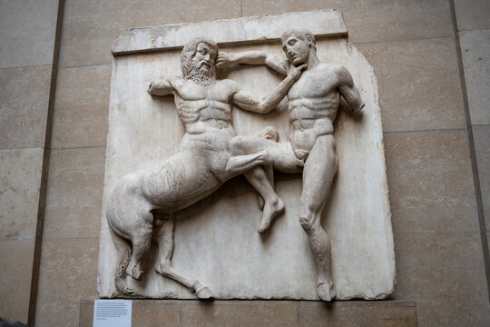 London, UK - 4 Jul 24: Ancient Greek centaur combat relief, British Museum London
