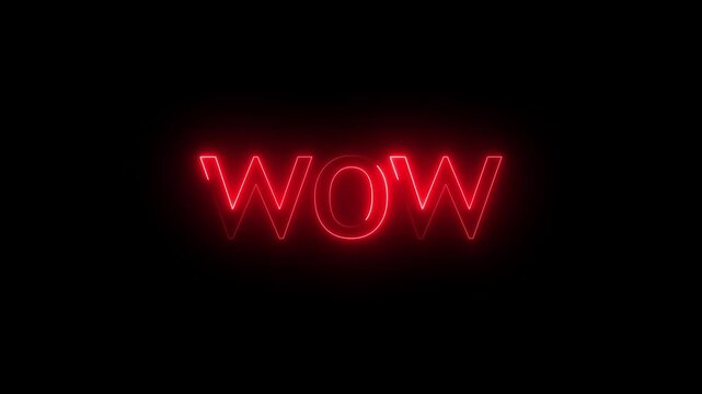 Wow neon sign animation. Glowing neon lines wow text animation on dark background.glowing colorful Neon line wow text.4k