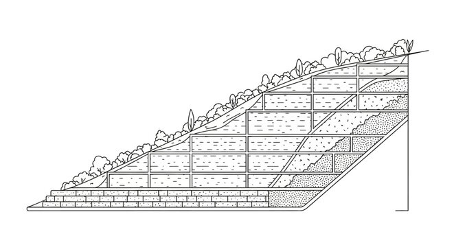 Engineering Cross-Section Diagram of a Tiered Retaining Wall System for Slope Stabilization and Erosion Control - Technical Line Art Illustration
