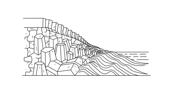 Minimalist Line Art Illustration of Basalt Columns at Giant's Causeway with Ocean Waves - Geometric Rock Coastline Vector for Coloring Pages and Travel Themes