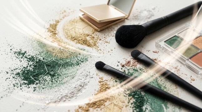 Creative soccer themed makeup flat lay with powder brushes and eyeshadow for sports fans