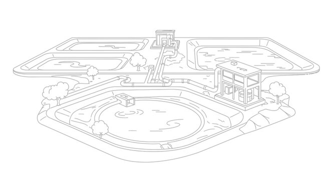 Industrial Water Treatment Facility Line Art Illustration - Wastewater Management and Environmental Engineering Schematic for Coloring and Education