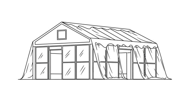 Minimalist Greenhouse Line Art Illustration - Modern Glasshouse Outline for Gardening and Agriculture Concepts