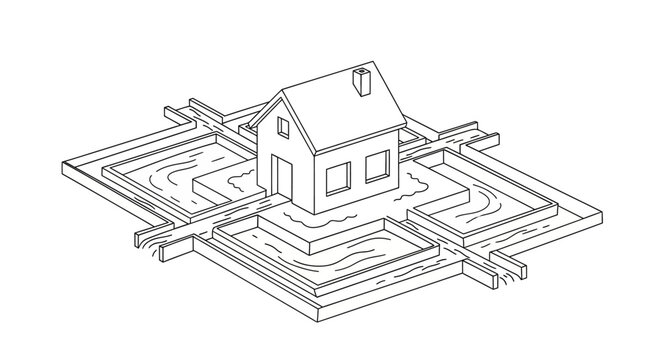 Isometric Line Art Illustration of a House Surrounded by an Irrigation Water Management System and Moats