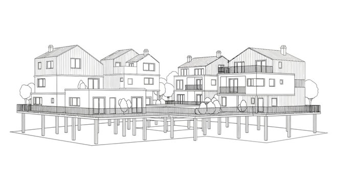 Architectural Line Drawing of Modern Modular Houses on Stilts, Sustainable Residential Development Concept for Flood-Prone Areas