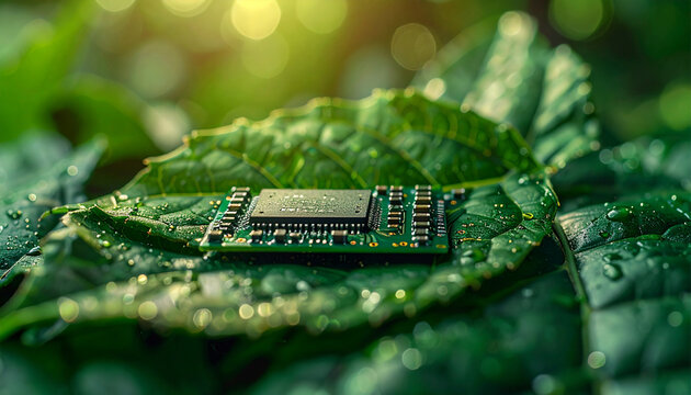 A small electronic circuit board with a microchip resting on a vibrant green leaf covered in water droplets, symbolizing eco-friendly technology.