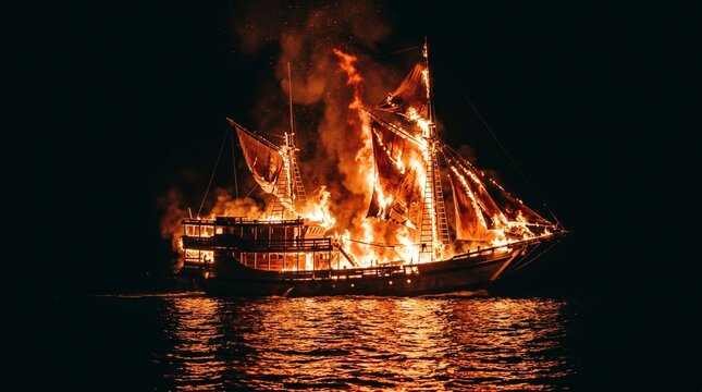 Burning boat on the water at night
