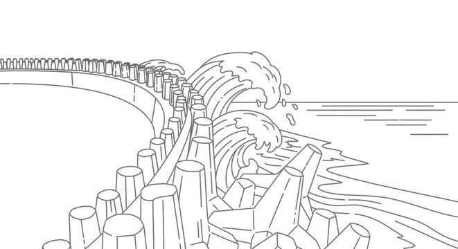 Coastal Breakwater Sea Wall with Tetrapod Concrete Blocks and Crashing Ocean Waves Line Art Illustration