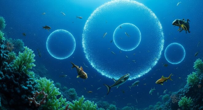 Surreal deep sea creatures and luminous bubbles in vibrant underwater ocean realm