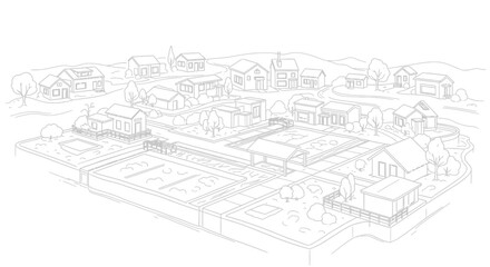 Obraz premium Suburban Neighborhood Line Art Illustration for Coloring Page - Small Town Landscape with Houses and Trees