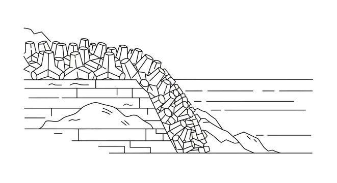 Tetrapod Breakwater Line Art Illustration - Coastal Engineering and Seawall Protection Design for Harbor Infrastructure